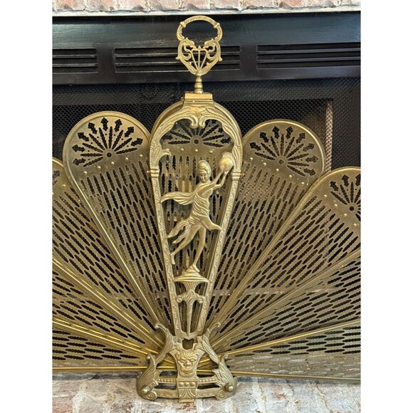 XL Vintage Art Deco Fireplace Screen Brass Ornate Peacock Folding Fan Rare 47" W - Picture 3 of 11